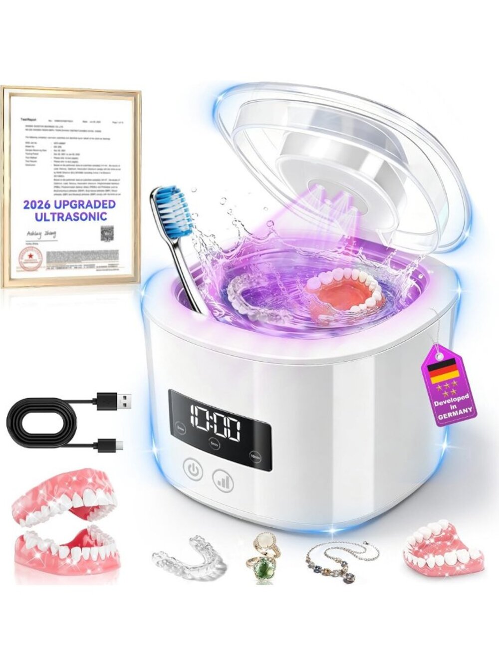 Upgraded Ultrasonic Denture Cleaner 300ML with Timer - Fast & Effective Retainer